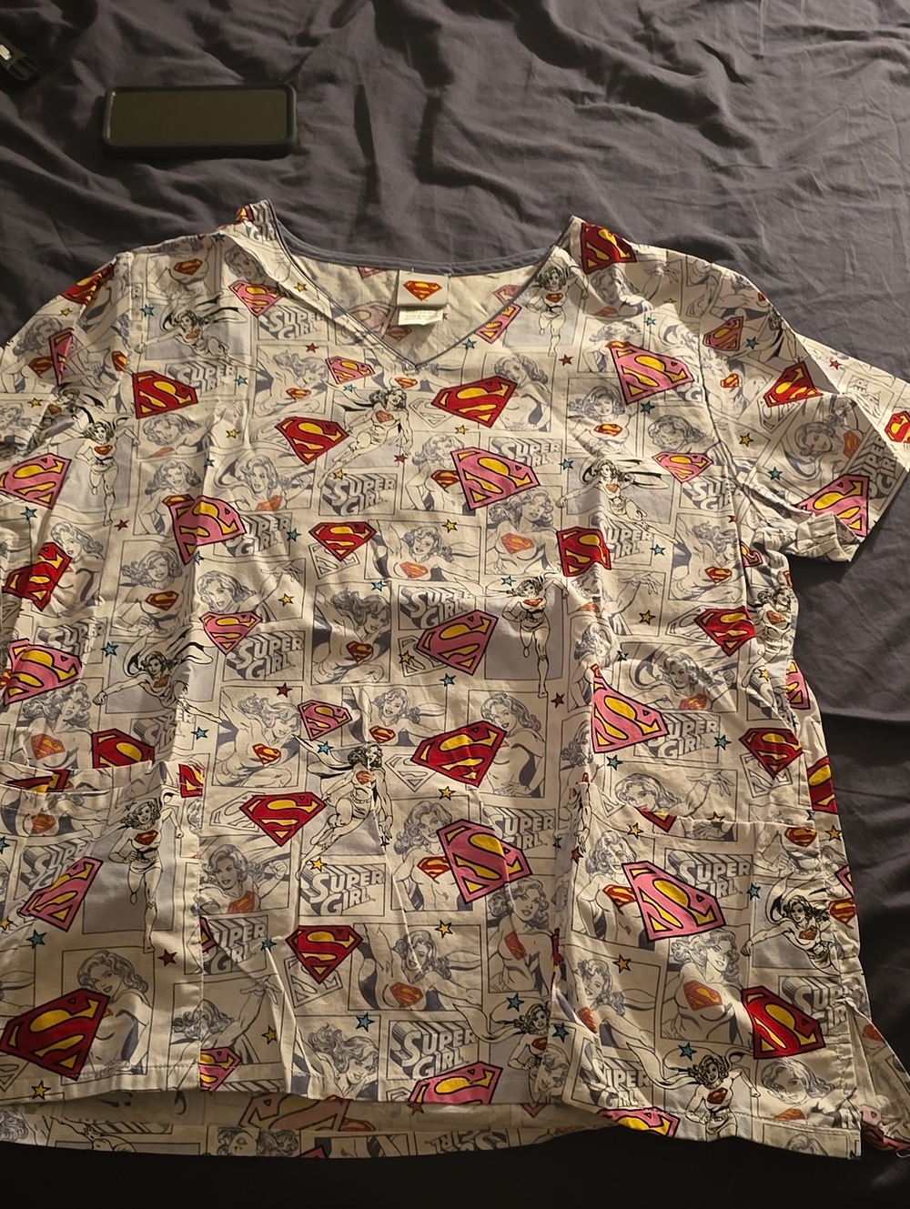 DC Comics Supergirl Short Sleeve Scrub Top - White with Red & Pink Logos